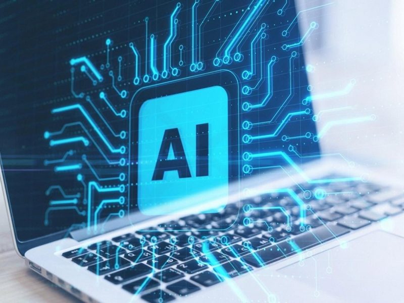 AI chip graphic on a laptop screen representing AI tools for small businesses in the UAE