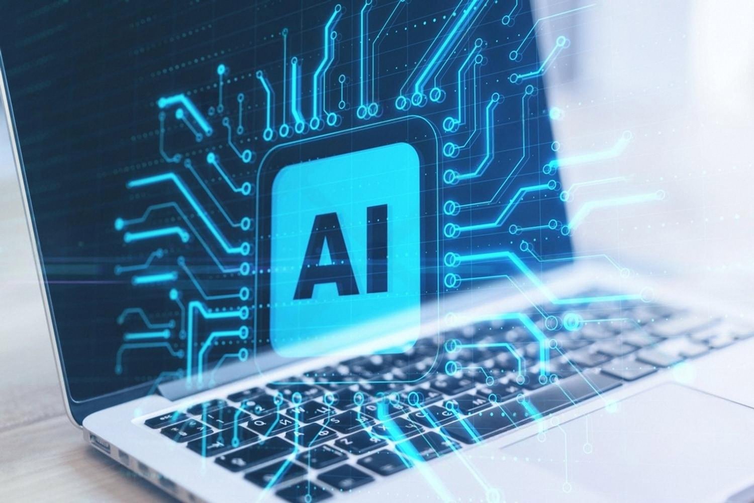 AI chip graphic on a laptop screen representing AI tools for small businesses in the UAE